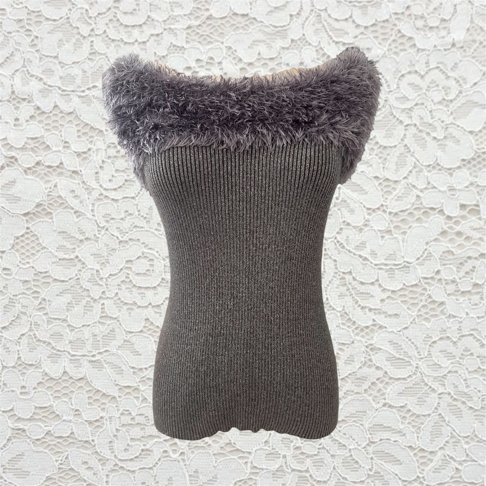 vintage y2k fur trim sparkly tank‎ top